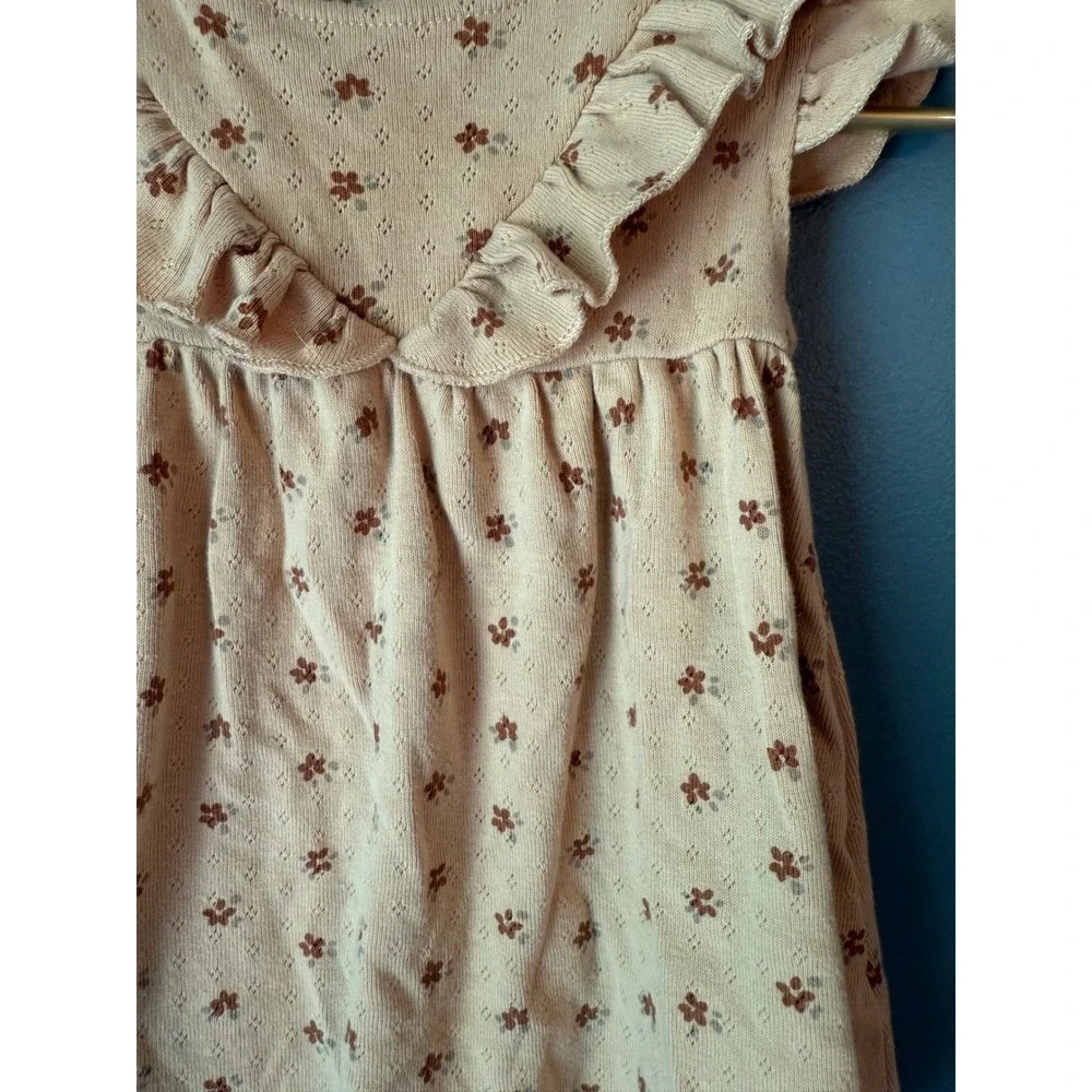 Quincy Mae Baby Girl Tan Floral Pointelle Flutter Sleeve Ruffle Top 6-12M